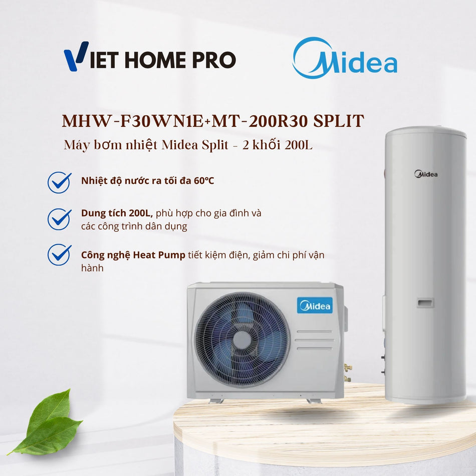 Máy bơm nhiệt Midea MHW-F30WN1E + MT-200R30 Split 200L