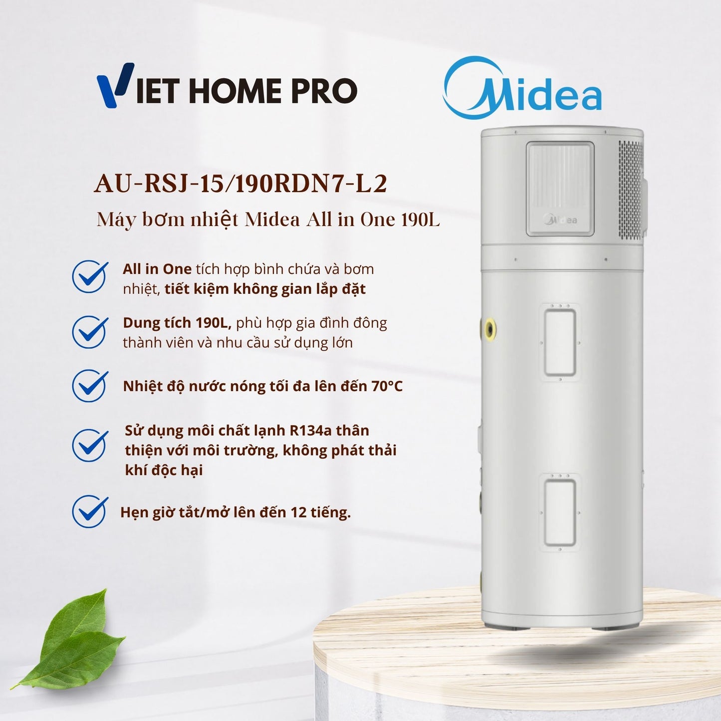 Máy bơm nhiệt Midea AU-RSJ-15/190RDN7-L2 All in One 190L